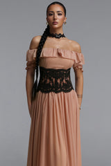 Lorin Resort Flowy Off Shoulder Ruffle Lace Trimmed Chiffon Maxi Dress