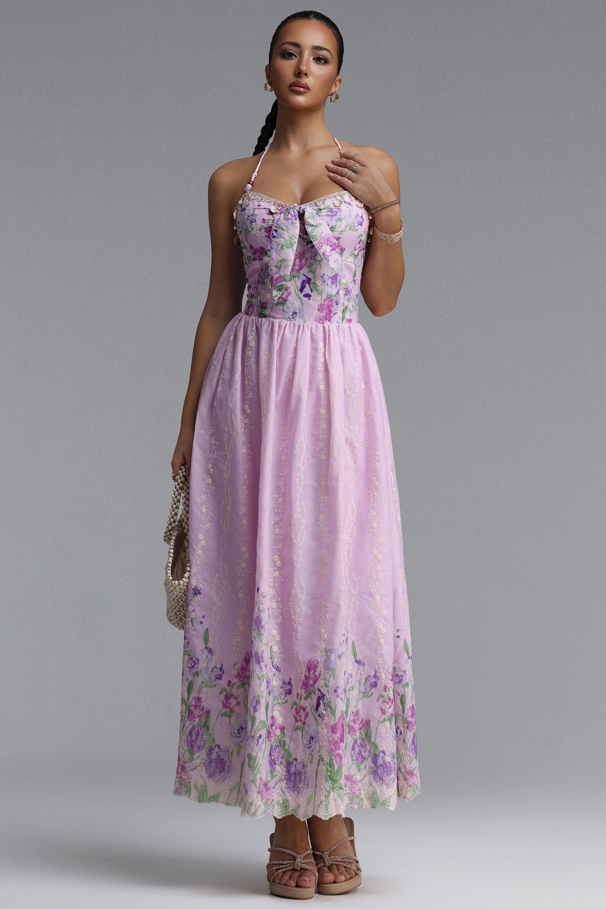 Emory Resort Flowy Spaghetti Strap Bow Floral Print Woven Maxi Dress