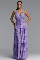 Lliana Resort Flowy V Neck Sleeveless Ruffle Woven Maxi Dress
