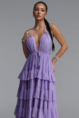 Lliana Resort Flowy V Neck Sleeveless Ruffle Woven Maxi Dress