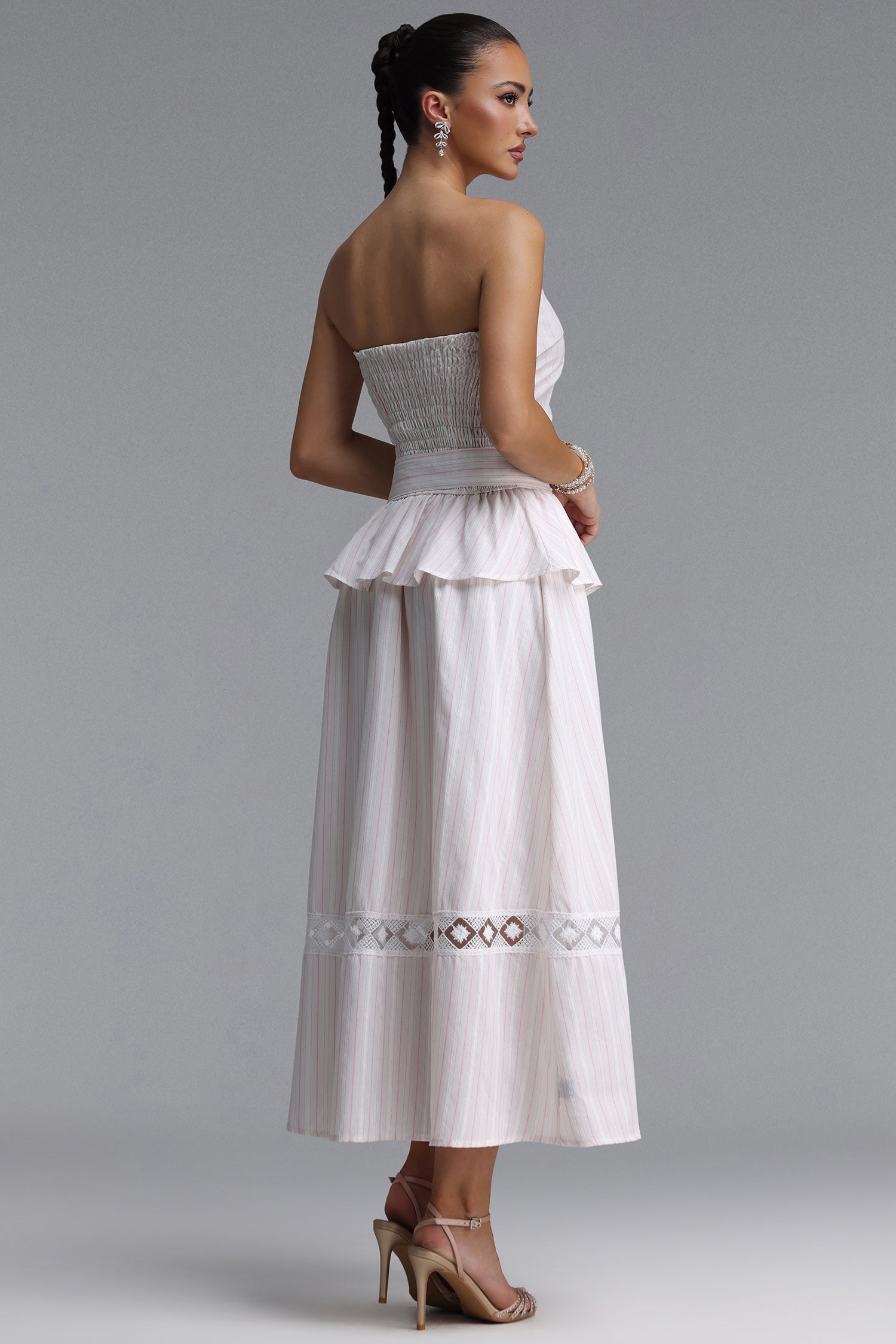 Mindi Chic Tailored Sleeveless Ruffle Striped Woven Maxi Dress