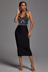 Cornelia Pearl Halter Bandage Dress - Black