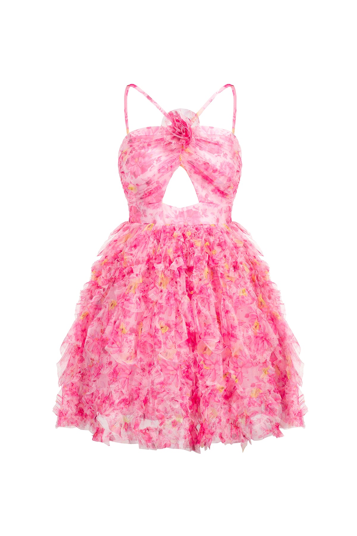 Daware Sleeveless Flower Printed Hollow Out Folds Mini Dress