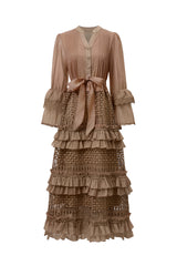 Hakula Resort Flowy Long Sleeve Falbala Lace Woven Maxi Dress