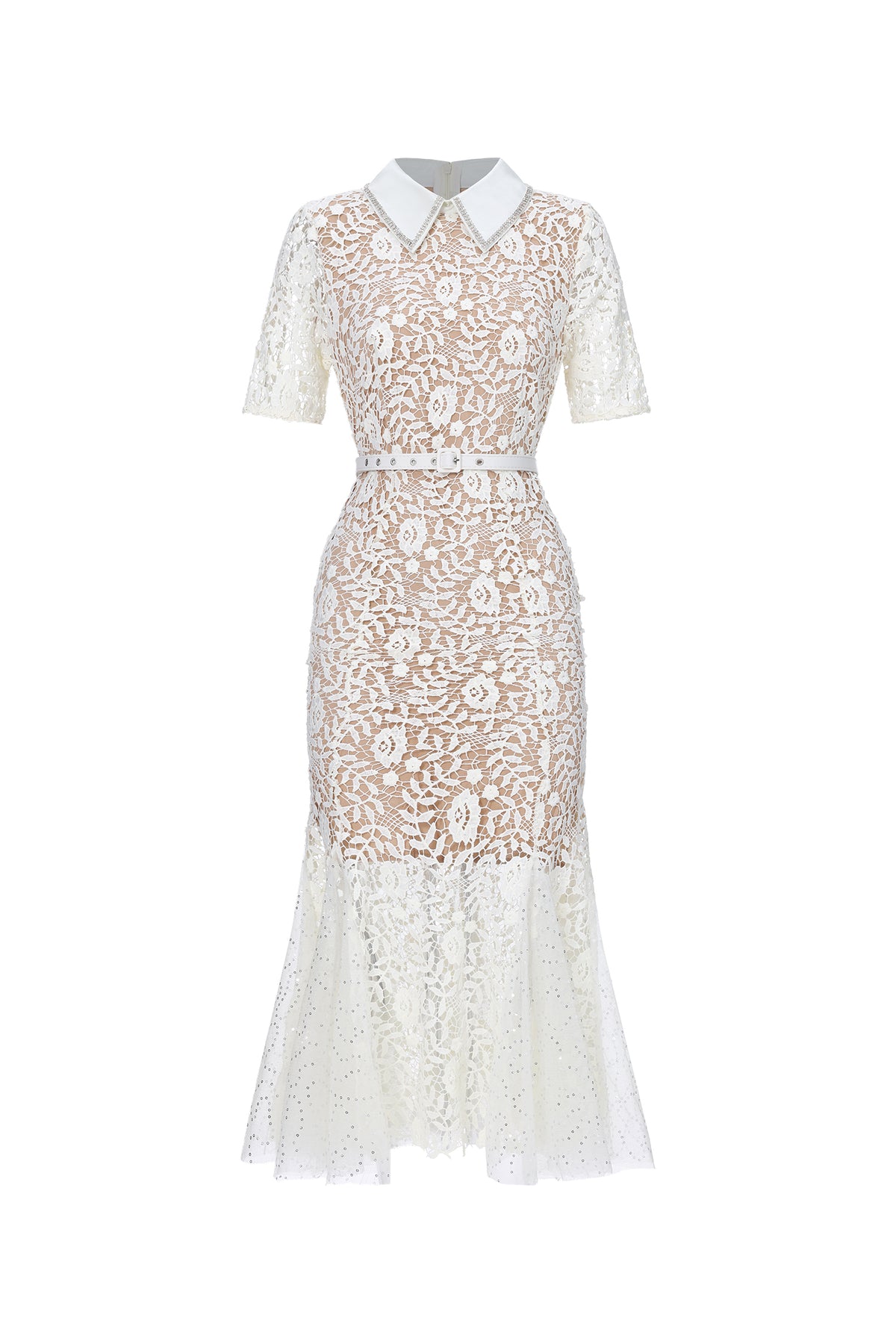 Selly Elegant Contour Short Sleeve Rhinestone Floral Lace Woven Maxi Dress
