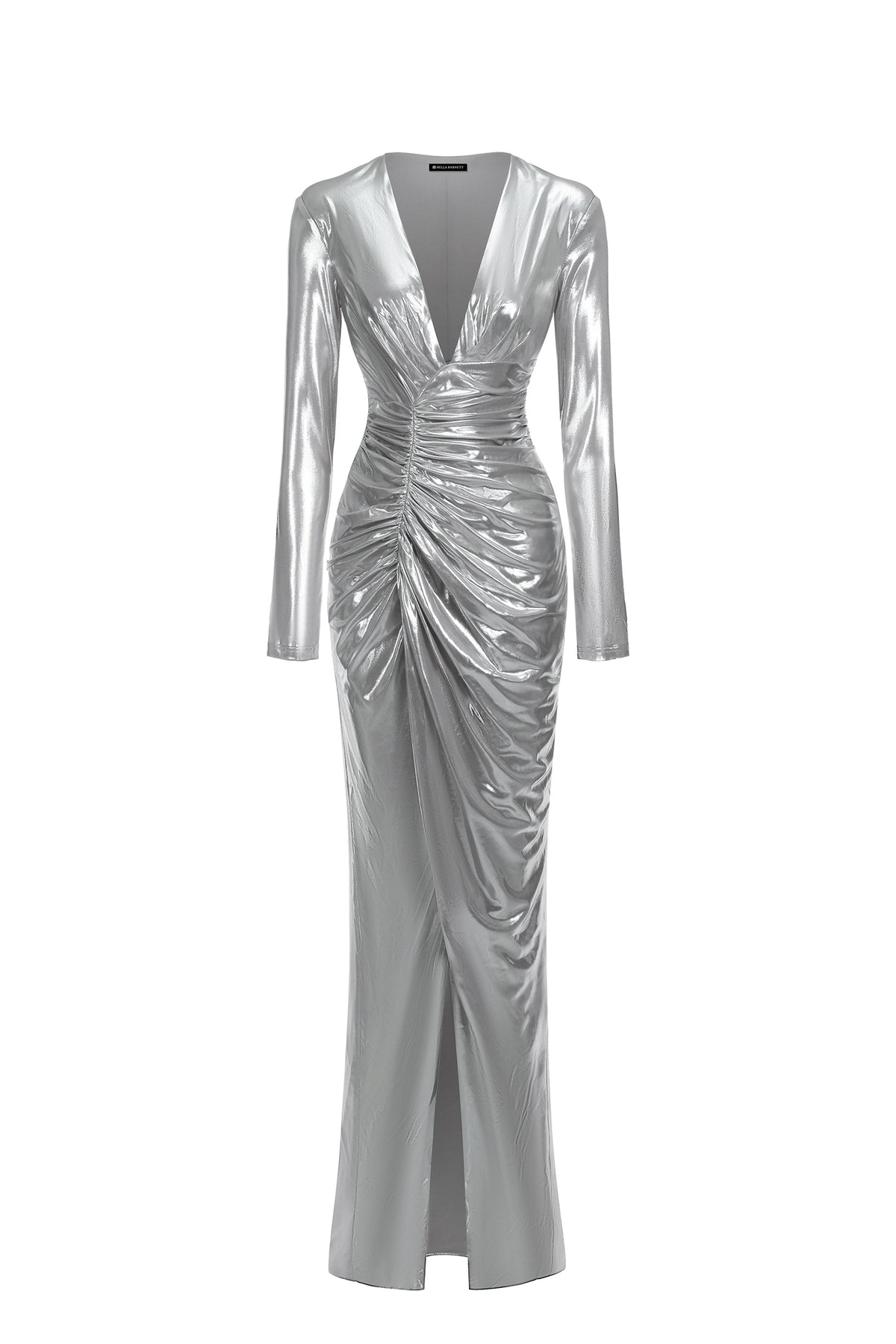 Linka Deep V Long Sleeve Shirr Maxi Dress