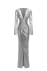 Linka Deep V Long Sleeve Shirr Maxi Dress