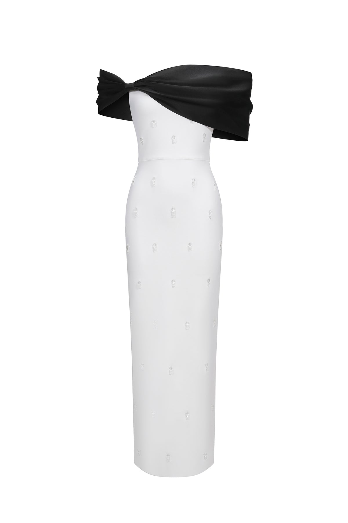 Sharla Off-The-Shoulder Diamond Bow Maxi Dress