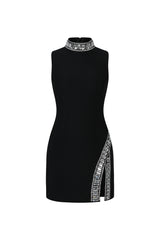 Kianala Bandage Sleeveless High Neck Diamond Slit Mini Dress