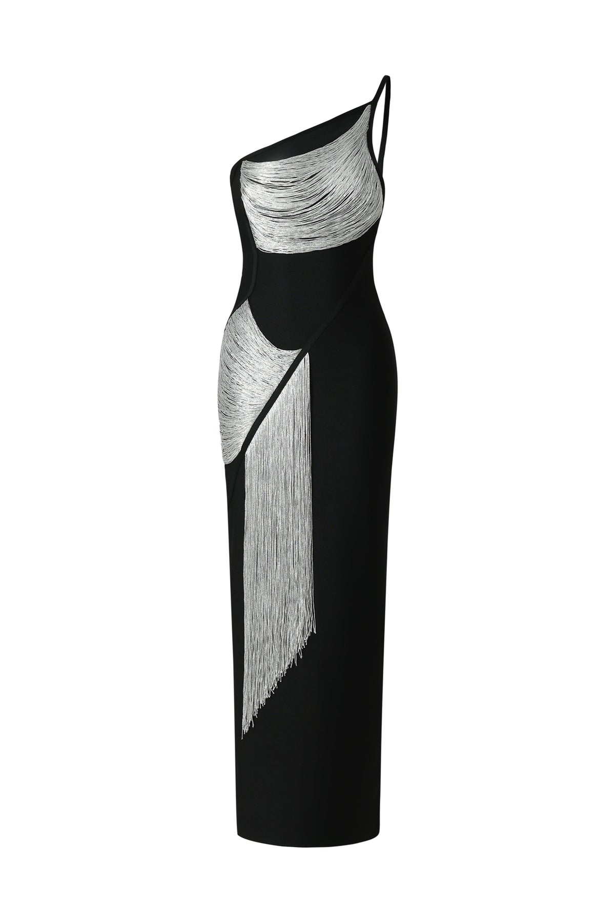 Roanna One Shoulder Sleeveless Tassels Bandage Maxi Dress