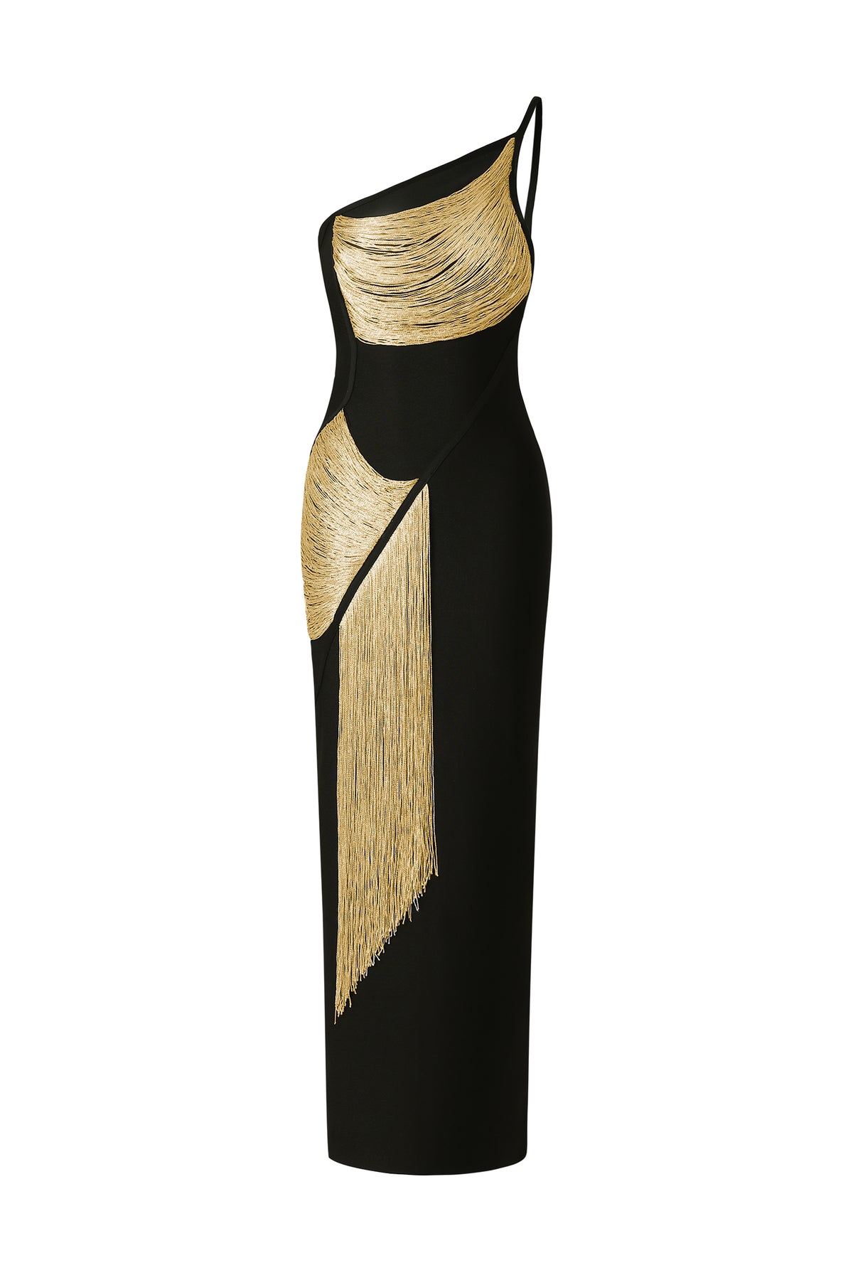 Roanna One Shoulder Sleeveless Golden Tassels Bandage Maxi Dress