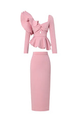 Faray Ruffled Long Sleeves Pink Maxi Dress