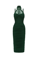 Derya Elegant Contour Halter Mesh Bandage Midi Dress