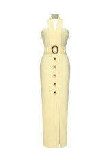 Lanla Chic Contour Halter Metal Buckle Bandage Maxi Dress
