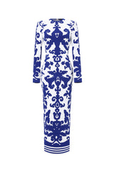 Round Neck Long Sleeve Jacquard Bandage Maxi Dress