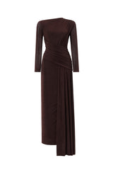 Skyler Elegant Contour Long Sleeve Ruched High Slit Knit Brown Maxi Dress