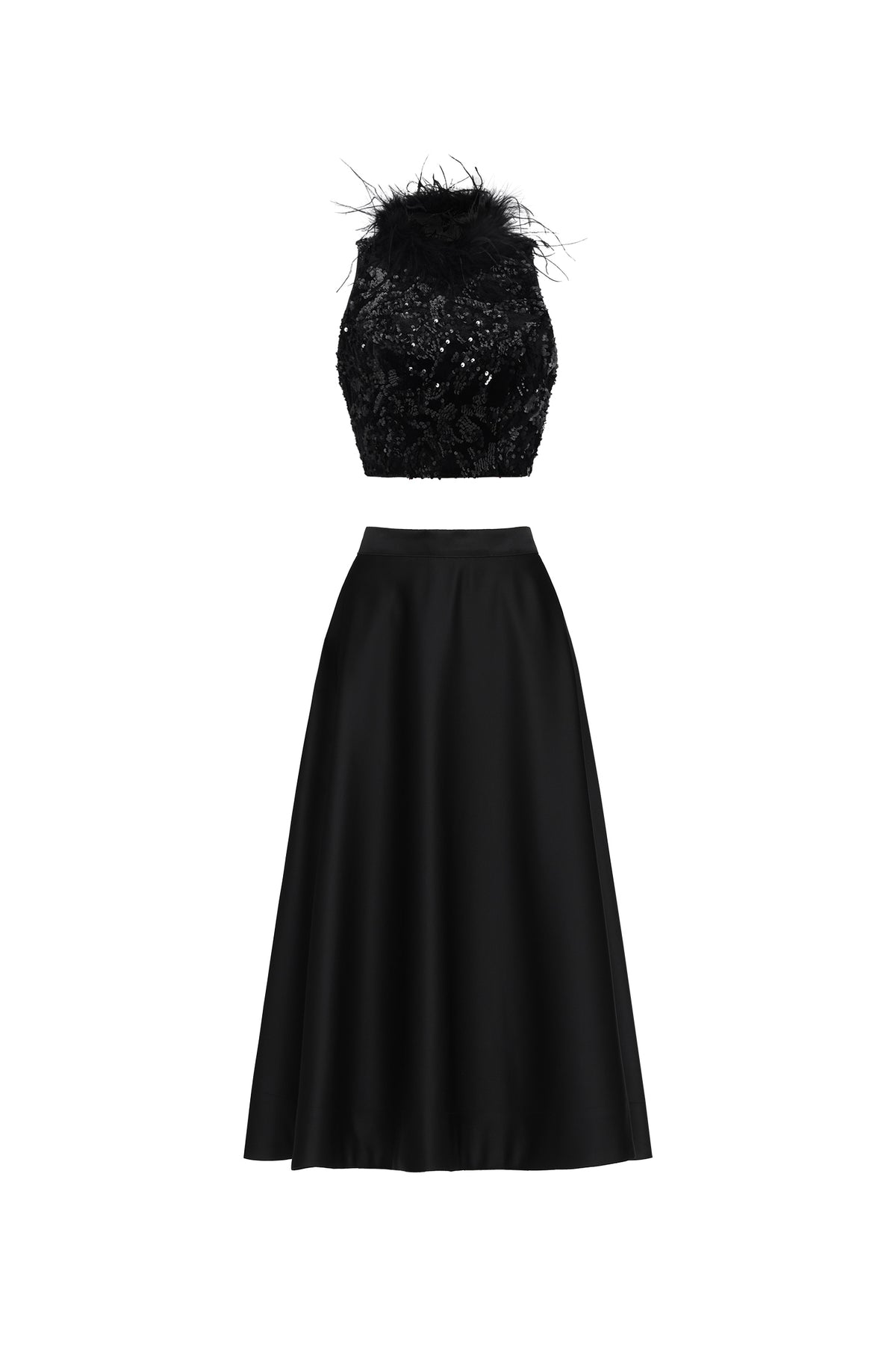 Chic Contonur Sleeveless Feather Sequin Velvet Top and Satin Skirt Set