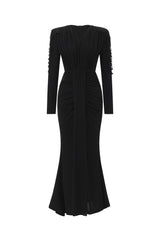 Suri Elegant Contour V Neck Long Sleeve Beaded Fringe Ruched Knit Maxi Dress