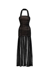 Izara Chic Contour Halter Ruched Tulle Maxi Dress