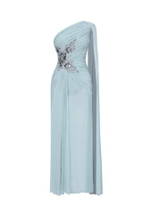 Kaylee Elegant Flowy One Shoulder Sequin Embroidered Ruched Mesh Maxi Dress