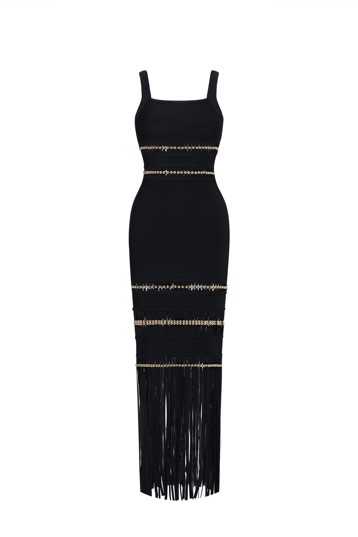 Shanley Chic Contour Sleeveless Beaded Fringe Black Bandage Maxi Dress