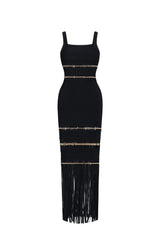 Shanley Chic Contour Sleeveless Beaded Fringe Black Bandage Maxi Dress