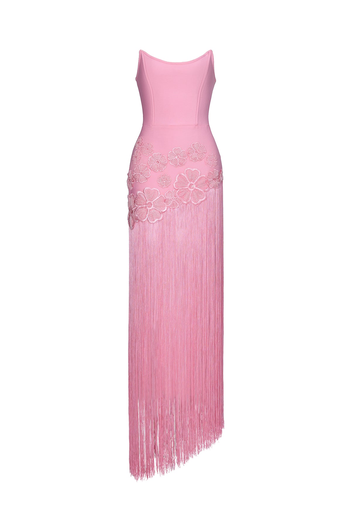 Ezgi Chic Contour Strapless Floral Fringe Bandage Maxi Dress