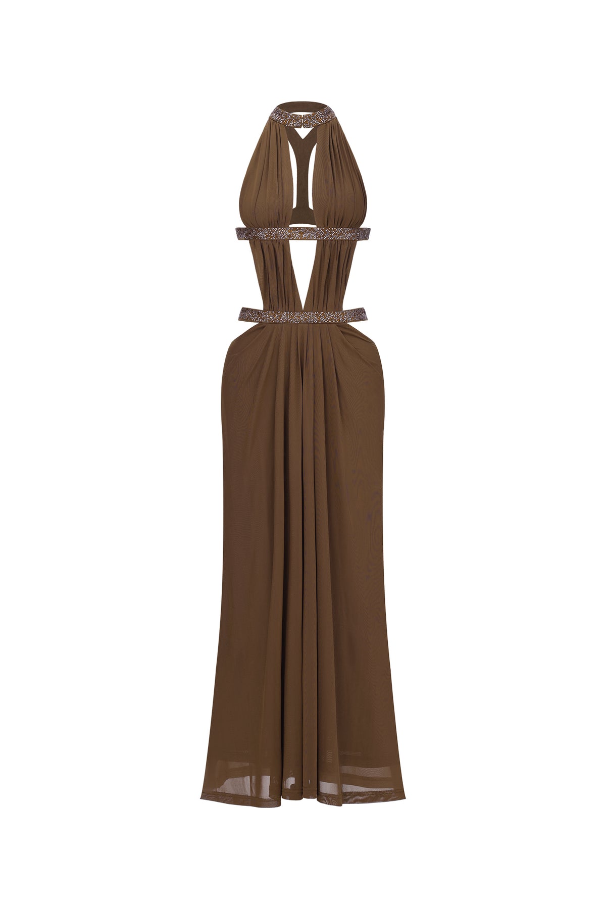 Elaia Sexy Flowy Halter Ruched Cut Out Brown Maxi Dress