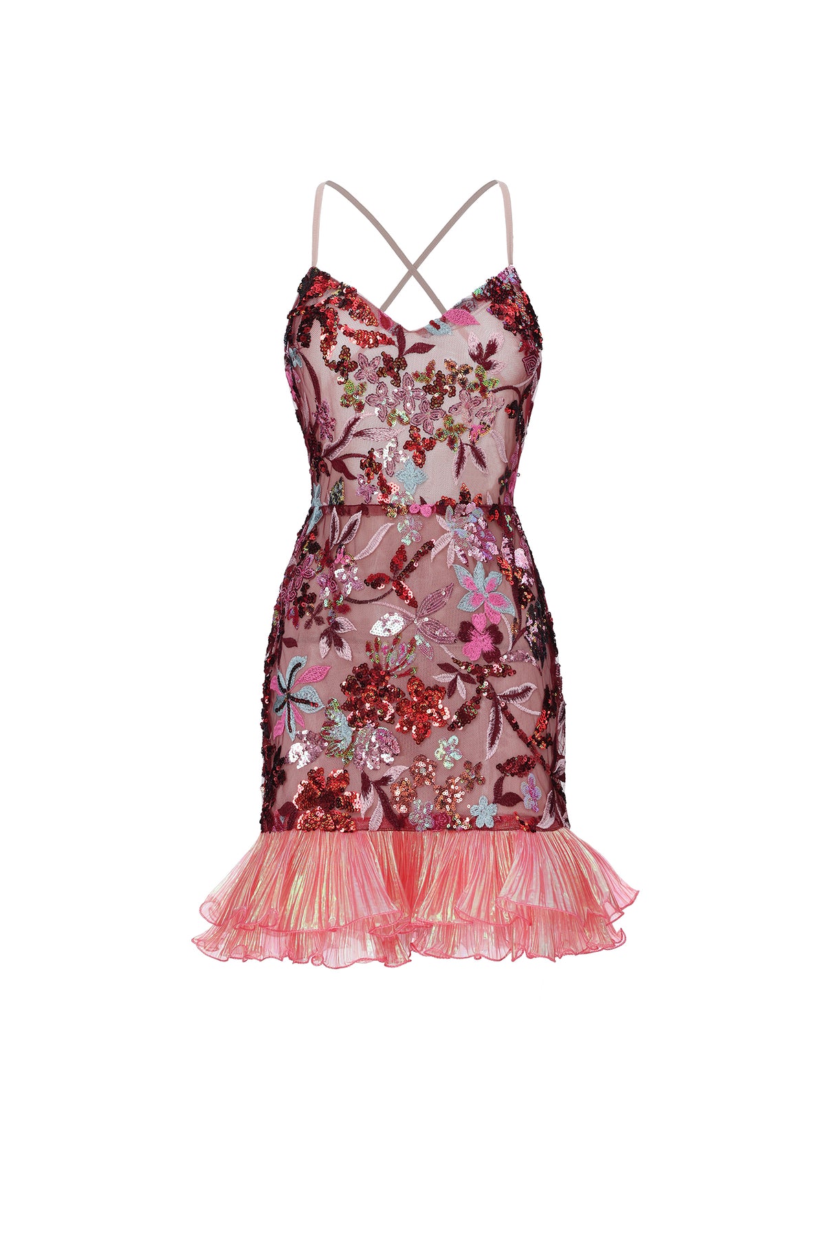 Olpa Chic Contour Tiered Ruffle Floral Sequin Pink Mini Dress