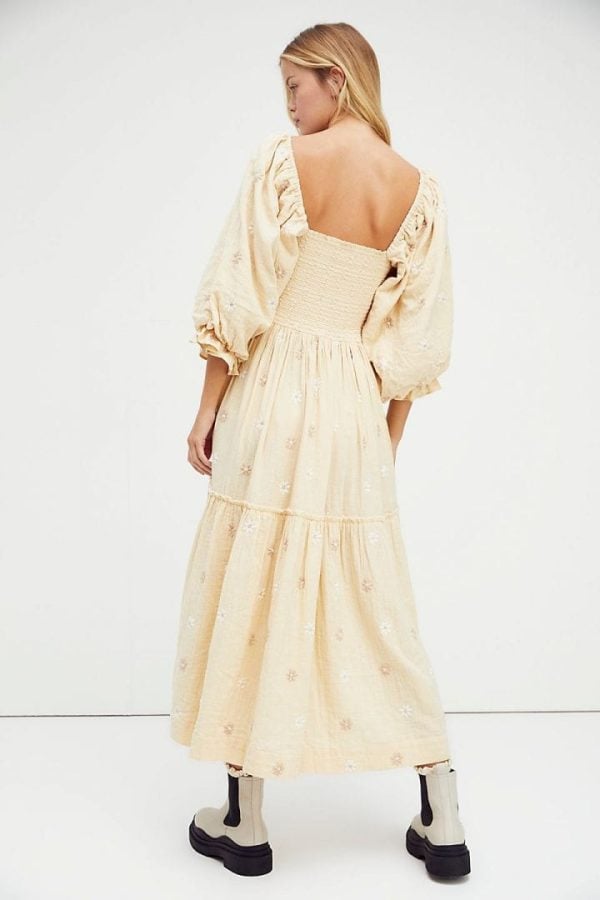 Floral Puff Sleeves Square Collar Midi Dress - White