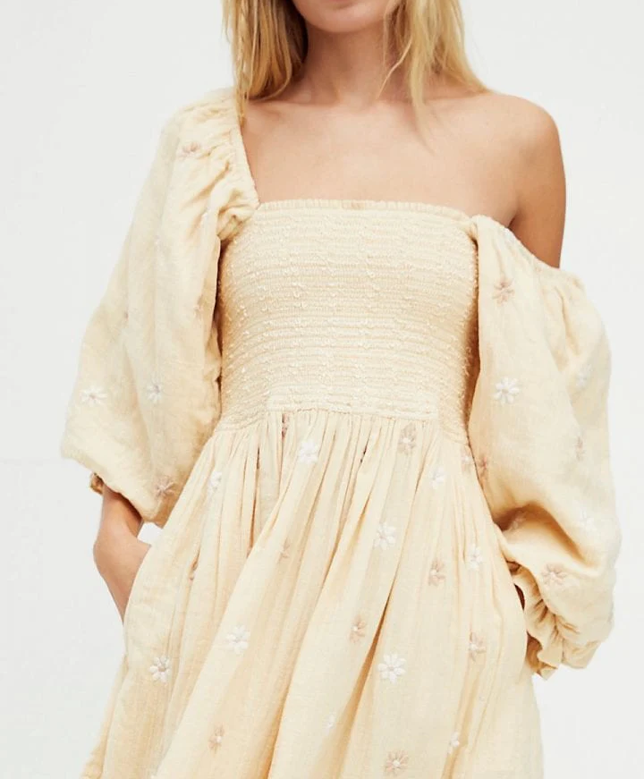 Floral Puff Sleeves Square Collar Midi Dress - White