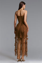 Mikin Chic Contour Strapless Leaf Fringe Bandage Mini Dress
