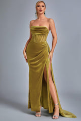 Lamva Corset Velvet Slit Maxi Dress - Yellow