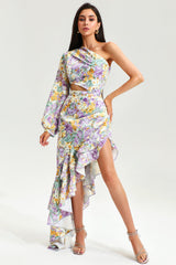 Floral Slanted Shoulder Long Sleeve Ruffle Irregular Maxi Dress - Purple