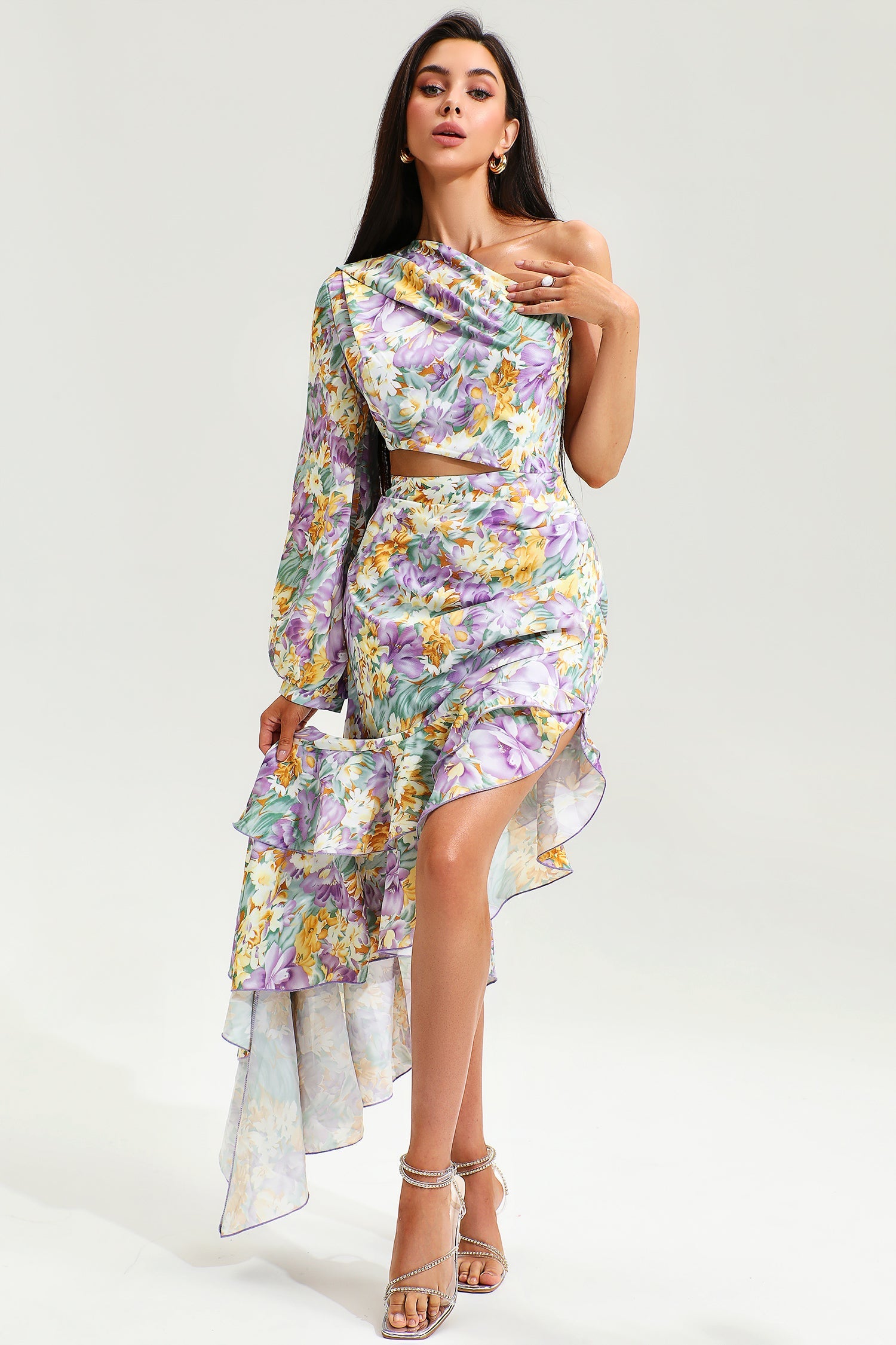Floral Slanted Shoulder Long Sleeve Ruffle Irregular Maxi Dress - Purple